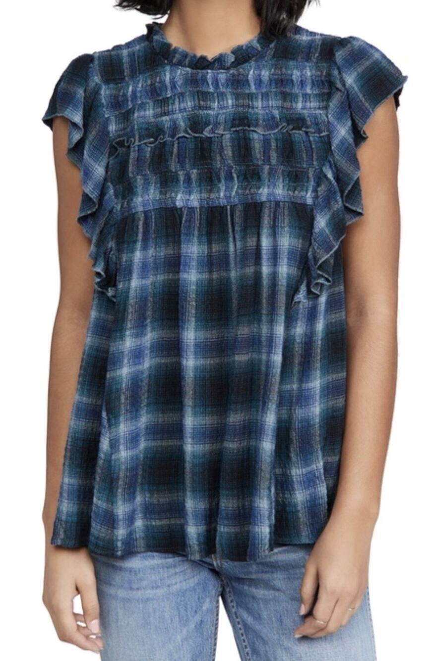Free People Not Your Average Girl Navy Plaid Ruffle Sleeveless Top EUC Boho XS